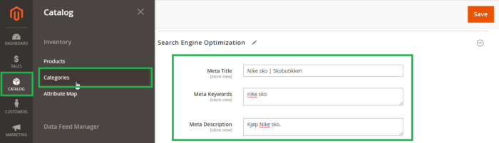 Velg Catalog -> Categories -> Search Engine Optimization på høyre side