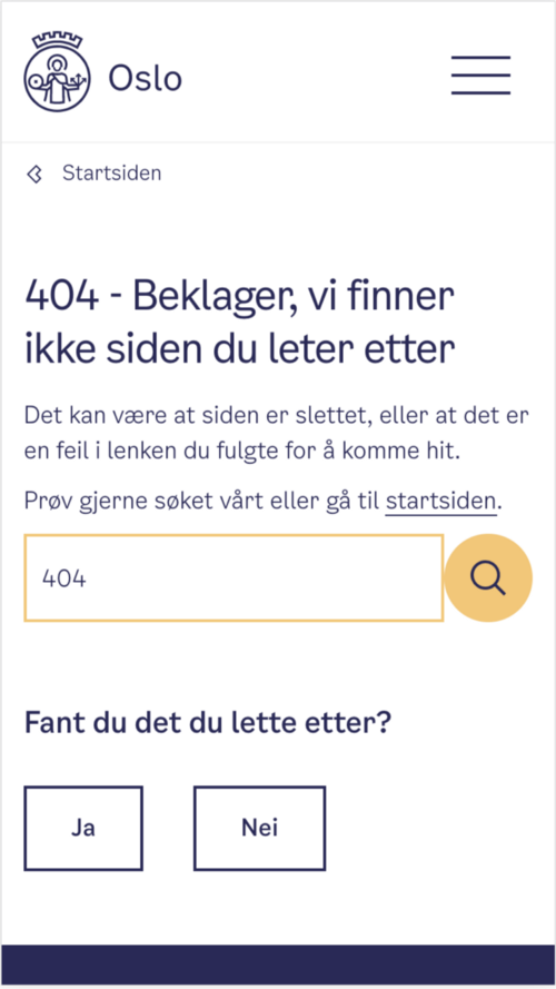 Eksempel på 404 feilmeldingsside fra Oslo Kommune