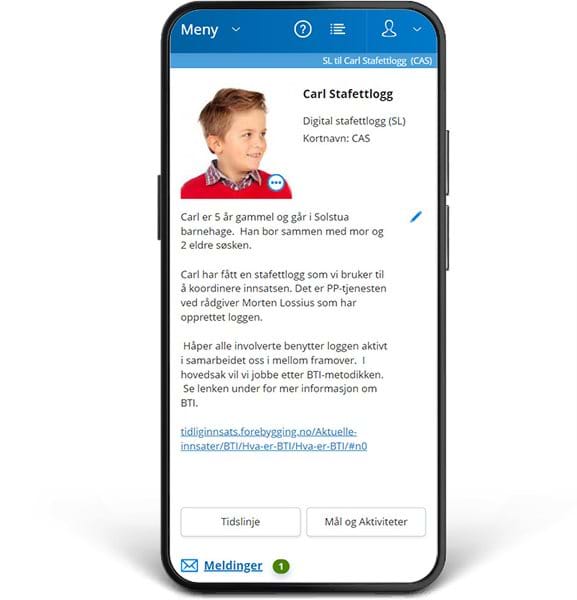 En mobilskjerm som viser Stafettloggen med en melding fra en ansatt i tjenesteapparatet som bekriver profilen til den nye brukeren.