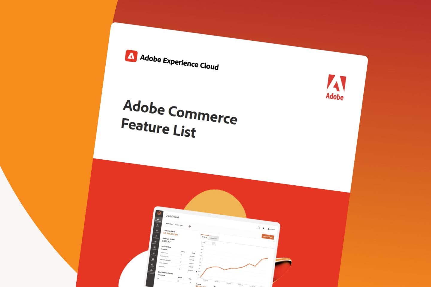 Forsiden til guiden Adobe Commerce Feature List, med admindashbordet foran en rød bakgrunn