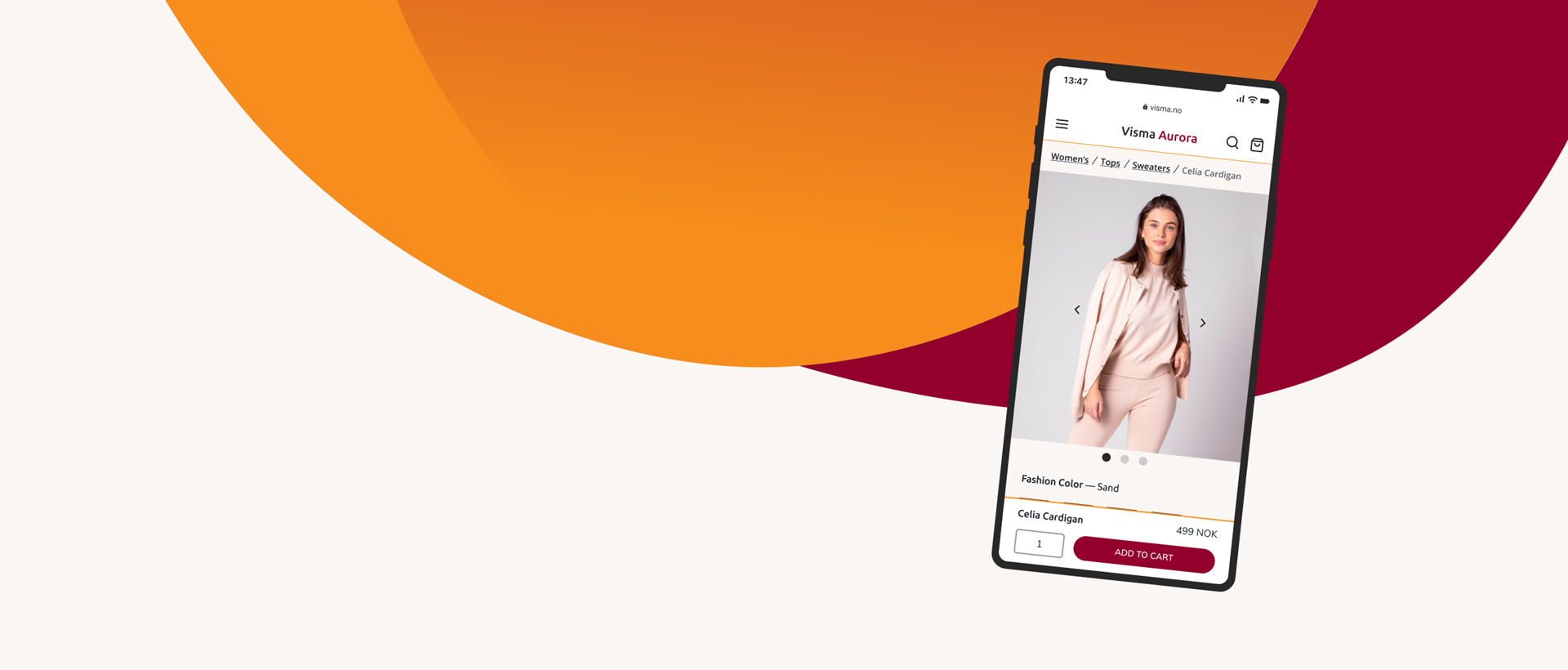 Warm-colored graphic elements, with a floating iPhone showing a product page from a store